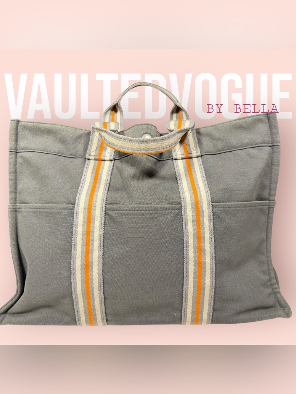 Hermes Gray Canvas Tote with Orange & Cream Stripes